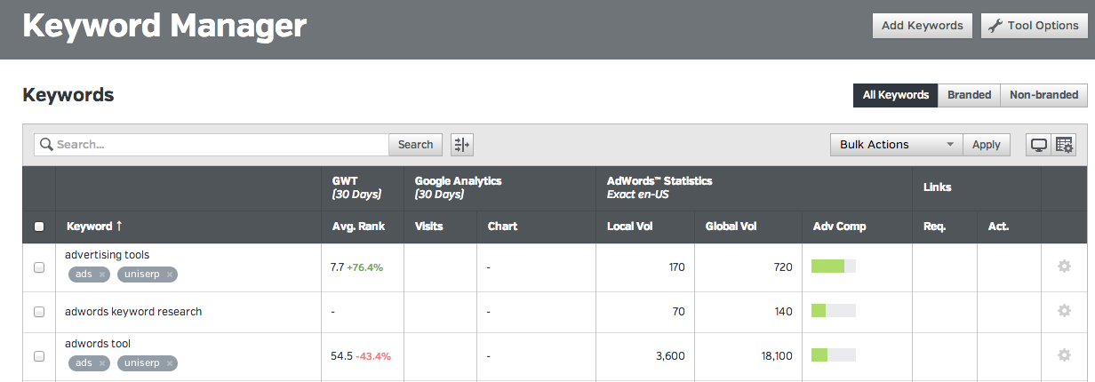 raven tools offers a simple keyword manager
