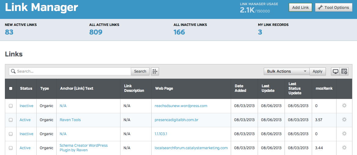raven tools offers link manager for link building efforts