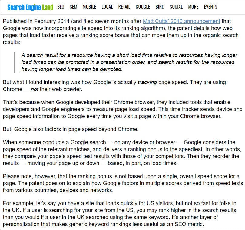 Note on page speed rankings from Google's patent on page speed