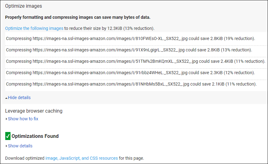 Page speed insights image optimizations