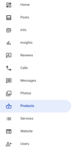 Google My Business products listing appears in your GMB menu