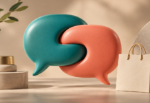 Teal and coral speech bubbles beside a shopping bag, illustrating conversational commerce
