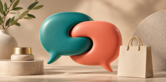 Teal and coral speech bubbles beside a shopping bag, illustrating conversational commerce