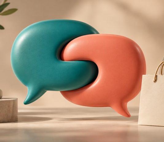 Teal and coral speech bubbles beside a shopping bag, illustrating conversational commerce